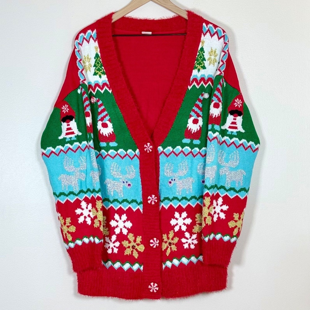 Holiday Time Womens Christmas Cardigan Size XL Red Gnome Reindeer Ugly Sweater
